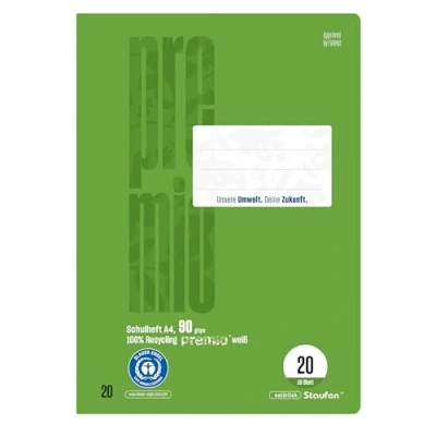 Image of Staufen Green exercise book, DIN A4, ruling style 20 (blank), 4 notebooks, 16 sheets each, 90 g/m² recycled paper, round corners prevent donkey ears