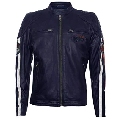 Image of Men&#039;s Navy Leather Biker Racing Fashion Motorcycle Jacket with White Stripes and Badges 2XL