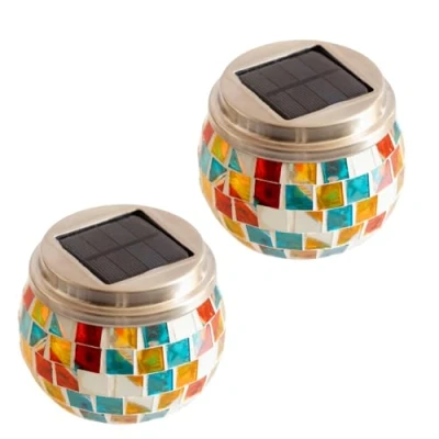 Image of Garden Mile 2 Pack Mosaic Glass Jar with Multi Coloured LED Solar Lights Day Night Auto Sensor Outdoor Patio Ball Ornaments for