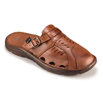 Image of ESTRO Men&#039;s Leather Mules Sandals Summer with Non Slip Sole S4, Rust Brown, 10 UK