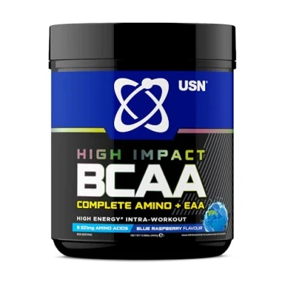 Image of USN Complete Amino &amp; EAA Intra Workout Powder, Blue Raspberry Flavour 400g, Vegan Energy Drink, Premium BCAA Acids Glutamine Recovery High Impact Pre Post Shake