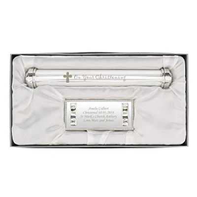 Image of Personalised Christening Gift for Boy or Girl Silver Plated Cross Certificate Holder and Stand Engraved Any Message Boxed