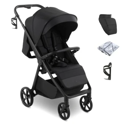 Image of My Babiie MB170 Plus Pushchair from Birth to 4 Years (22kg), Wheel Suspension, Large Basket, XL Canopy, Foldable, Compact, Stroller with Footmuff, Cup Holder, Rain Cover Black