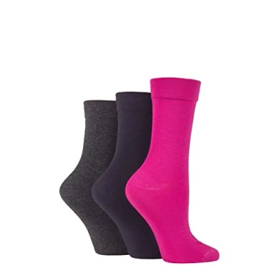 Image of SockShop Ladies Gentle Bamboo Socks with Smooth Toe Seams In Plains and Stripes Pack of 3 Pink/Charcoal/Navy 4 8