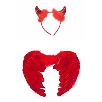 Image of Red Devil Fancy Dress Accessories, Sparkly Horns/Wings/Halo, Halloween Costume Outfit (Feather Wings &amp; Sequin Horns)