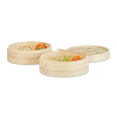 Image of Relaxdays 3 Part Bamboo Steamer, 2 Steam Baskets with Lid for Rice and Dumplings, 24 cm Diameter Cooker, Natural