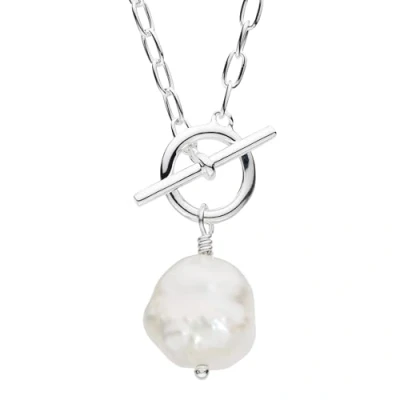Image of Dew Sterling Silver 10mm Freshwater Pearl T Bar 18&quot; Necklace (Silver)