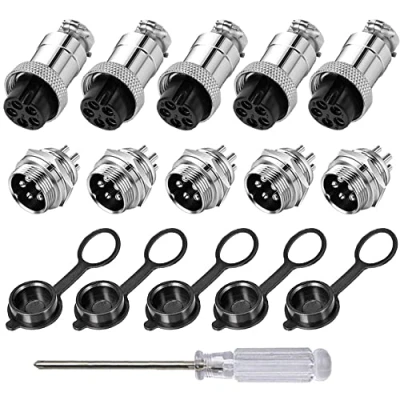 Image of Aiqeer 5 Pcs Pin GX16 Aviation Connector, 16 mm Thread Panel Metal Cable 5A Male Female Connector Plug Socket Kit, with Rubber Cap and Phillips Screwdriver