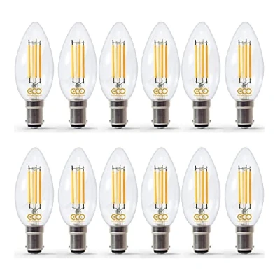 Image of ECO 40W Dimmable Energy Saving Candle Light Bulb, Low Power 4W Vintage Style LED Filaments, 400 Lumen, Clear Glass, Warm White (2700K), B15 Small Bayonet Fitting, 25000Hrs Lifetime. (12xPACK)