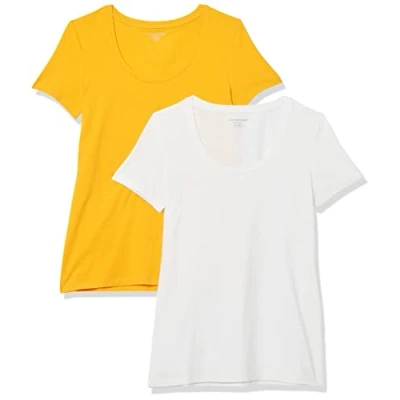 Image of Amazon Essentials Women&#039;s Classic Fit Short Sleeve Scoop Neck T Shirt (Available in Plus Size), Pack of 2, White/Golden Yellow, XL