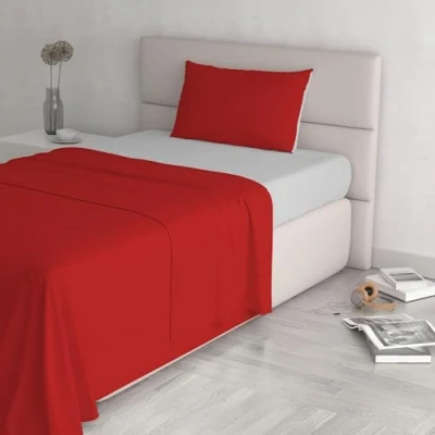 Image of Italian Bed Linen Natural Color Set (Flat 150x300, Fitted Sheet 90x200cm+Pillowcase 52x82cm), Petrol Bottle Green, 100% Cotton, red/Light Gray, SINGLE