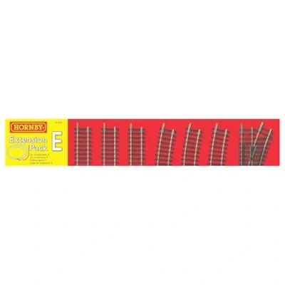 Image of Hornby R8225 OO Gauge Track Extension Pack E Extra Pieces for Model Railway Sets, Train Pieces, Includes Straight, Double Curves, RH Point, Buffer Stop Scale 1:76