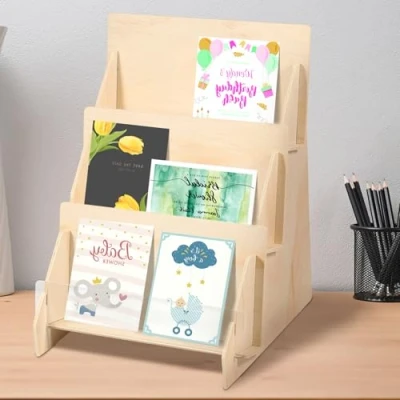 Image of Greeting Card Display Stand 3 Tier Wooden Multifunctional Book Rack Sticker Organizer Counter Retail for Postcard Brochure Photos Picture