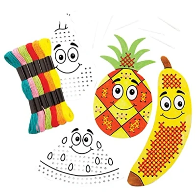 Image of Baker Ross FE471 Fruit Colour in Cross Stitch Kits Pack of 6, Sewing for Beginners, Make Your Own Kids, Children