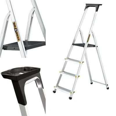 Image of Drabest PRO SERIES Ladders Aluminum Step Ladder 4 Household 150 KG with Non Slip Feet &amp; Work Platform Multi Purpose 43 x 145 12 cm
