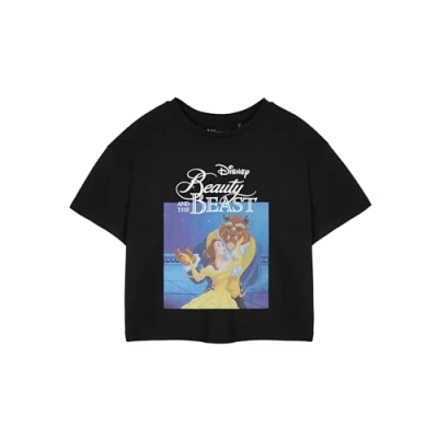 Image of Disney Princess Womens Black Cropped Short Sleeve T Shirt Beauty &amp; The Beast Graphic Tee Top for Ladies Sleeved Apparel Her Movie Merchandise Gift