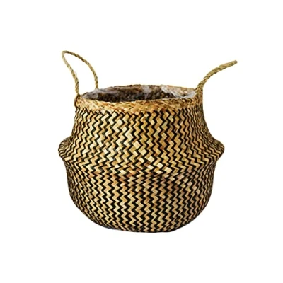 Image of Ivyline Seagrass Chevron Small Black Lined Basket Planter Hand Finished, Stylish &amp; Waterproof Decorative Woven Indoor Flower Pot H25cm x D30cm