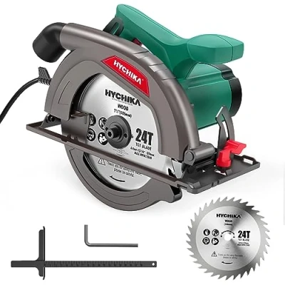 Image of HYCHIKA Circular Saw 1300W Electric 4500RPM, High Power Motor, 24T Blade(185mm), Cutting Depth 65mm (90º), 45mm (45º), Safety Switch, Dust Extraction