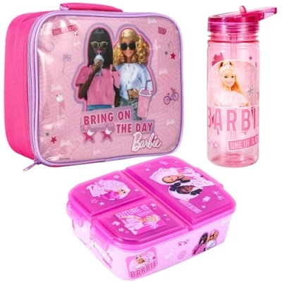 Image of Zawadi Global Barbie Kids Childrens Lunch Box Set Insulated Bag, Multicompartment &amp; 580ml Water Bottle School Travel Food Set, BPA Free