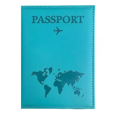 Image of SamHeng Map Passport Holder, Portable Universal Cover for Women Men, PU Leather Airplane Travel Wallet Case Organiser Credit Cards Boarding Passes (Lake Blue)