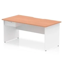 Image of Impulse 1600 x 800mm Scalloped Edge Straight Office Desk Beech Top White Panel End Leg Workstation 1 Drawer Fixed Pedestal