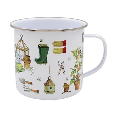 Image of Lesser &amp; Pavey 450ml Green Fingers Tin Mug Coffee Cup Garden Lovers Theme Plants Gardening Tool