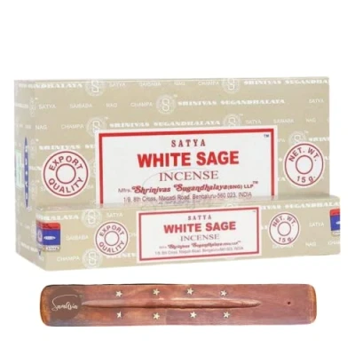Image of Satya Nag Champa White Sage incense sticks x12 pack with SAMASIA holder Used for Whomatherapy, Spa, Yoga, Weddings, Meditation, Healing, Positivity and Relaxation