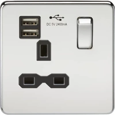 Image of KnightsBridge Screwless 13A 1G switched socket with dual USB charger (2.4A) polished chrome black insert