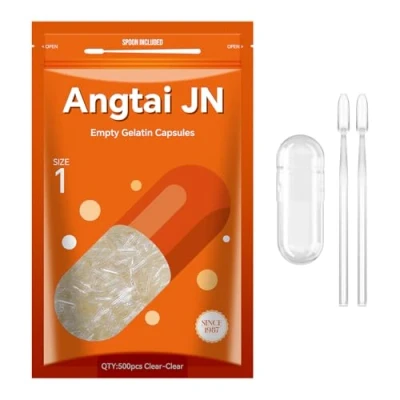 Image of Angtai JN Empty Capsules Size 1 Clear Gelatin (500 Count) with Two Miro Lab Spoons Gel DIY Pure Bovine Capsule Filling Kosher, Gluten Free Non GMO Certified