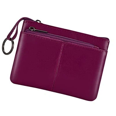 Image of Genuine Leather Coin Purse Pouch Triple Zipper Card Holder Wallet with Key Ring,Purple