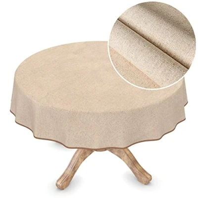 Image of Oilcloth Tablecloth Textile Washable Linen Look Beige Plain Sustainable Round 140 cm
