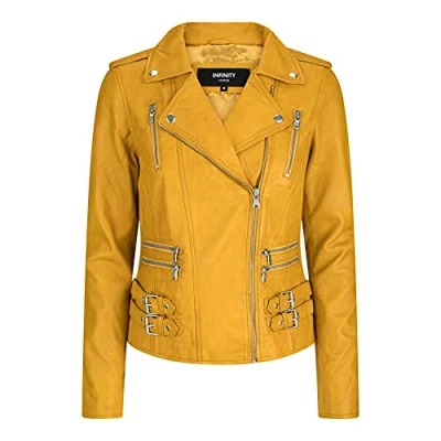 Image of Womens Ladies Real Soft Leather Racing Style Biker Jacket New Yellow, M 12