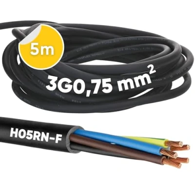 Image of 5 m Kalitec H05RN F 3 x 0.75 mm² Rubber Cable with Protective Conductor for Outdoor Use I Electric Black Construction Site Flexible UV and Oil Resistant Connection 3G0.75