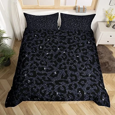 Image of Homemissing Leopard Print Duvet Cover Set Glitter Cheetah Bedding for Kids Boys Girls Wild Animal Decor Comforter Microfiber Geometric Bedspread Black Bedclothes King