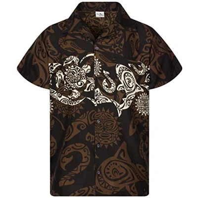 Image of King Kameha Classic Modern Hawaiian Shirt for Men Front Pocket Casual Aloha Shirts, Maori Chest, Brown, 6XL