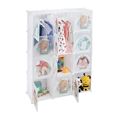 Image of Relaxdays Plug in Shelving Unit for Kids, 2 Clothes Rods, Doors with Animals, HxWxD: 145x110x37 cm, DIY Wardrobe, White
