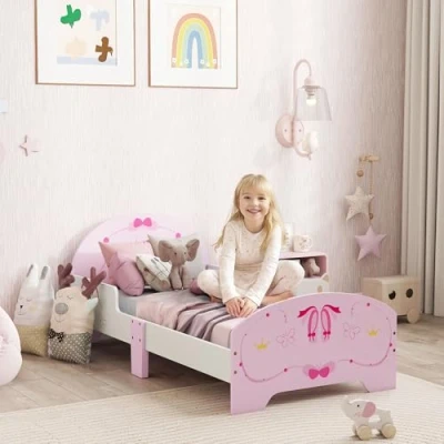 Image of AIYAPLAY Toddler Bed Frame, Kids with Safety Rails, Ballet Theme Bedroom Furniture, for 3 6 Years, Pink