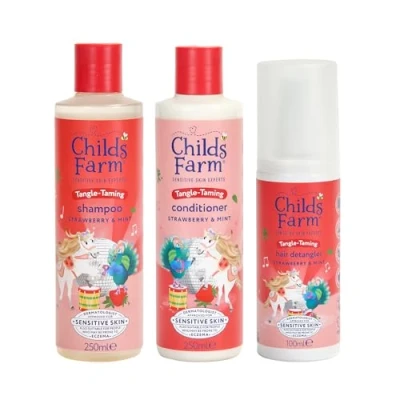 Image of Childs Farm Kids Tangle Taming Hair Regime Bundle Tear Free Strawberry &amp; Organic Mint Shampoo (250ml), Conditioner (250ml) and Detangler Spray (100ml) Suitable for All Types 3 Pack
