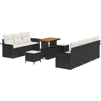 Image of vidaXL 10 Piece Garden Sofa Set with Cushions Black Poly Rattan Acacia