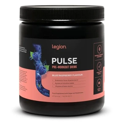 Image of Legion Pulse Pre Workout Supplement All Natural Nitric Oxide Preworkout Drink to Boost Energy, Creatine Free, Naturally Sweetened, Beta Alanine, Citrulline, (Blue Raspberry)