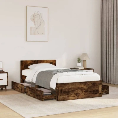 Image of vidaXL Bed Frame with Headboard without Mattress Smoked Oak 100x200 cm