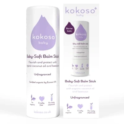 Image of Kokoso Baby Soft Balm Stick, Unfragranced, Great for Dry Hands, Sore Lips and Chapped Cheeks, Protects Dribbly Chins Soothes Dribble Rash, 100% Natural &amp; Organic Ingredients, 13g