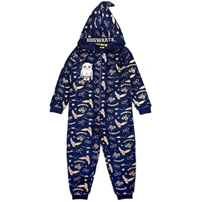 Image of Harry Potter Onesie For Girls &amp; Boys Kids Hedwig All In One Pyjamas Gold Navy Jumpsuit with Wizard Hat Hood Magical Merchandise 12 13 Years
