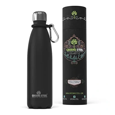 Image of Greens Steel Stainless Water Bottle 500ml, Black Double Wall Vacuum Insulated Flask Carier Holder &amp; Gift Box Included Reusable, Leak Proof Sports for Adults Kids