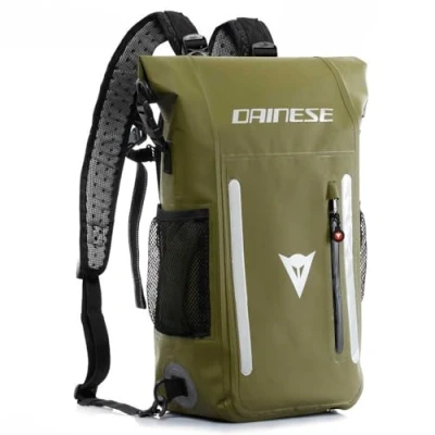 Image of DAINESE Unisex&#039;s Explorer Wp 15L PVC Rucksack, Waterproof, Motorcycle Backpack, Black/Green, 15 litres