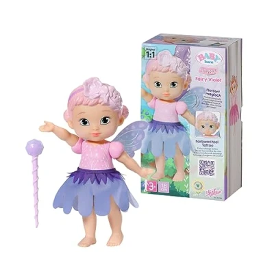Image of BABY born Storybook Fairy Violet 18cm doll with fluttering wings Includes Doll, Wand, Stand, Backdrop and Picture Booklet Suitable for children aged 3+ years 833780