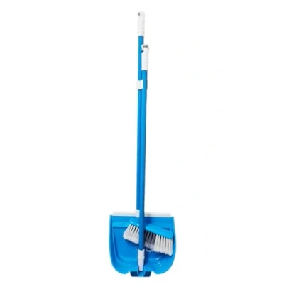 Image of Long Handled Dustpan and Brush Set Broom Floor Sweeper Cleaning Blue Foldable