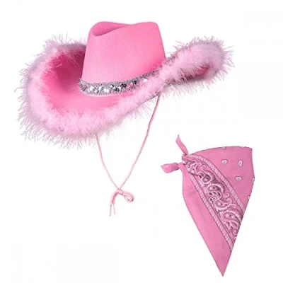 Image of Adult Ladies Pink Sequin &amp; Feather Texan Cowboy Hat + Bandana : Wild West Cowgirl Hen Night Fancy Dress Accessory