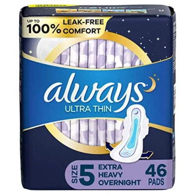 Image of Always, Ultra Thin Pads For Women, Size 5, Extra Heavy Overnight Absorbency With Wings, 46 Count