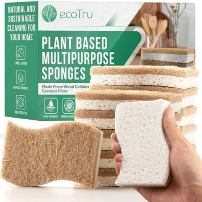 Image of ecoTru12 Pack Compostable Natural Washing Up Sponge, UK Brand Eco Friendly Kitchen Dish Cleaning Sponges, Biodegradable Cellulose &amp; Coconut Sponges Scourers for Non Scratch Heavy Duty Scrubbing